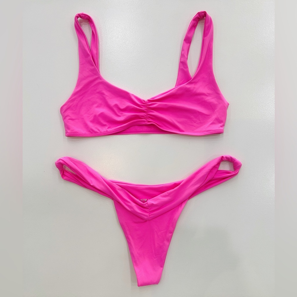 Frankie’s Bikinis ‘Dexter Satin Scoop Bikini Set’ in Vibrant Pink
